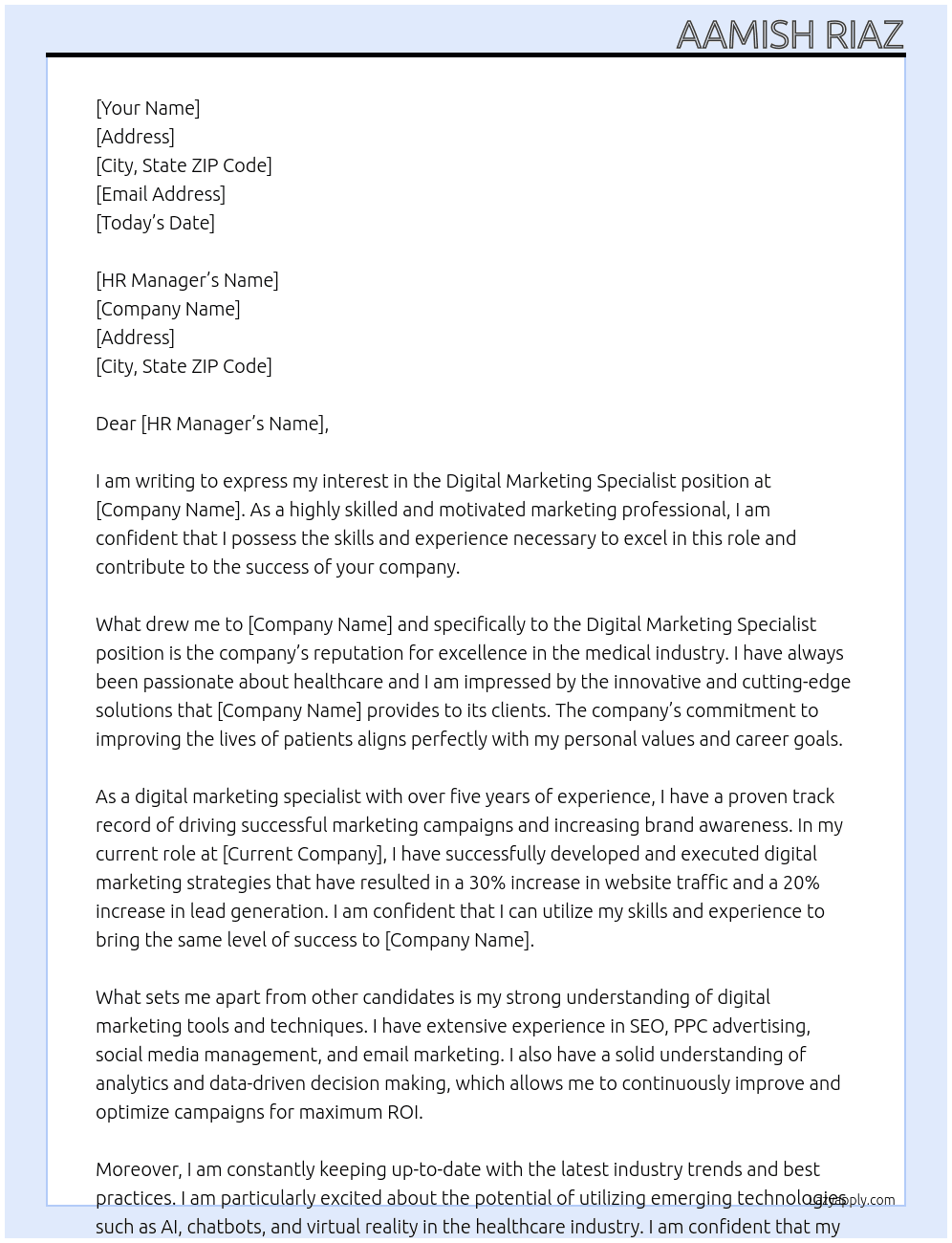 digital marketing specialist At medical Cover Letter