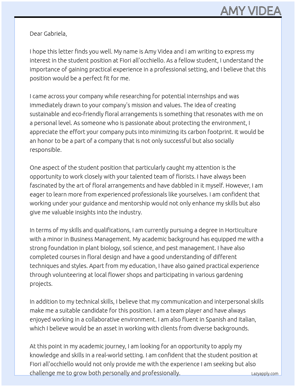 student  At fiori all'occhiello  Cover Letter