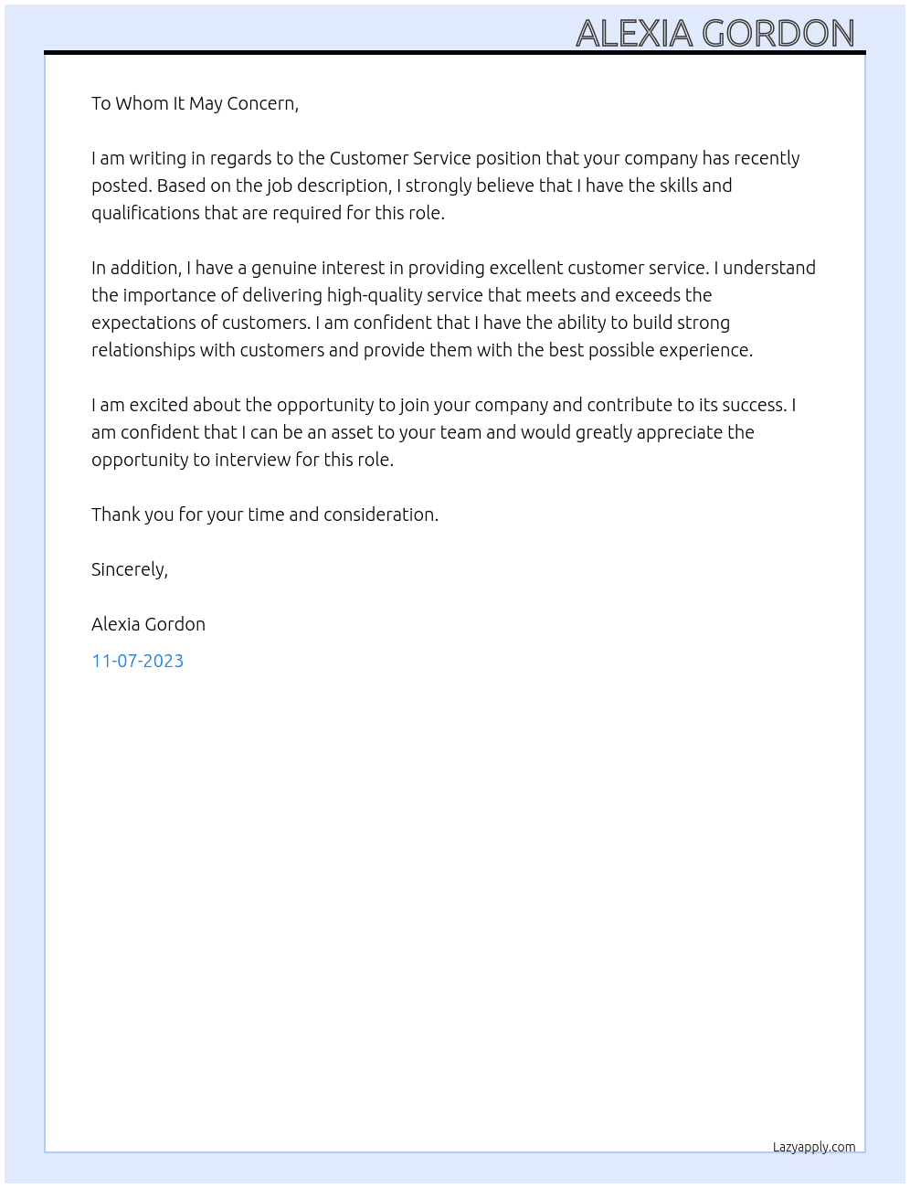 Customer Service  At Customer service  Cover Letter