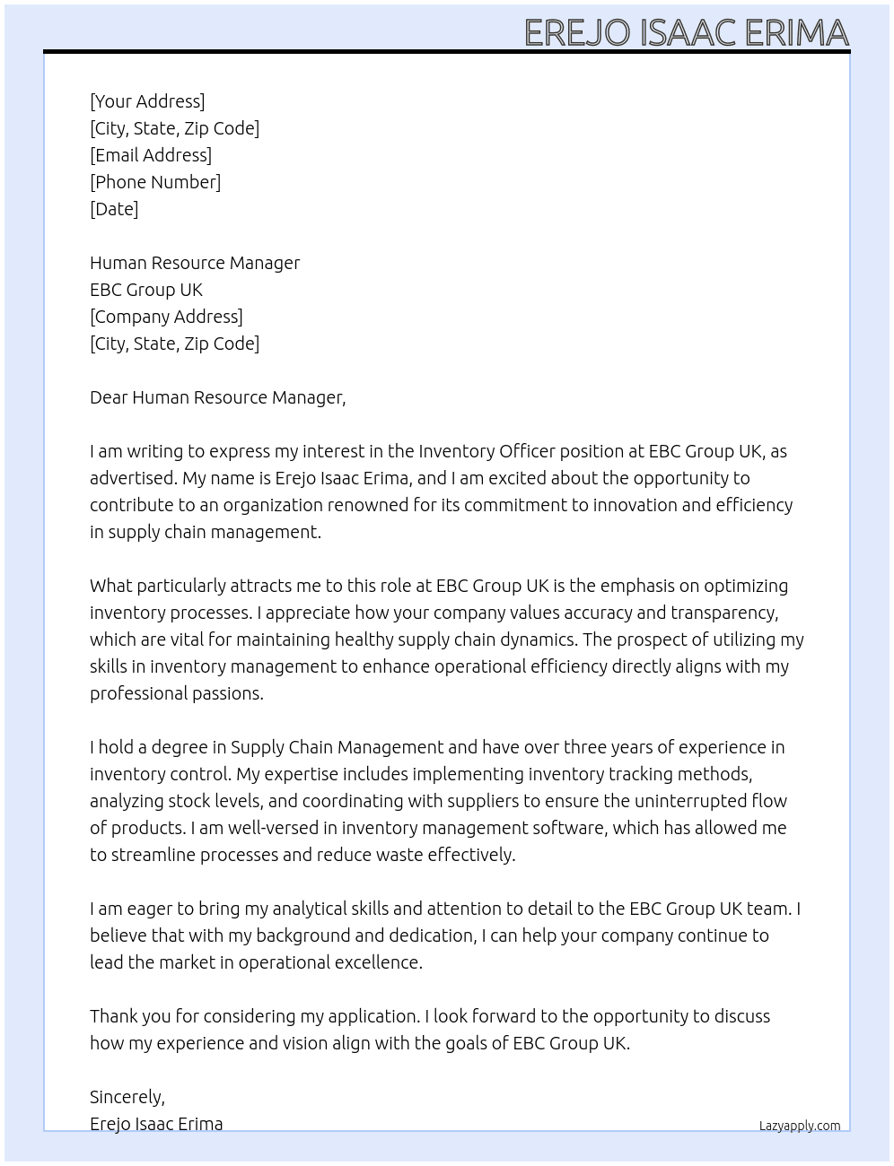 Inventory Officer  At EBC Group UK  Cover Letter