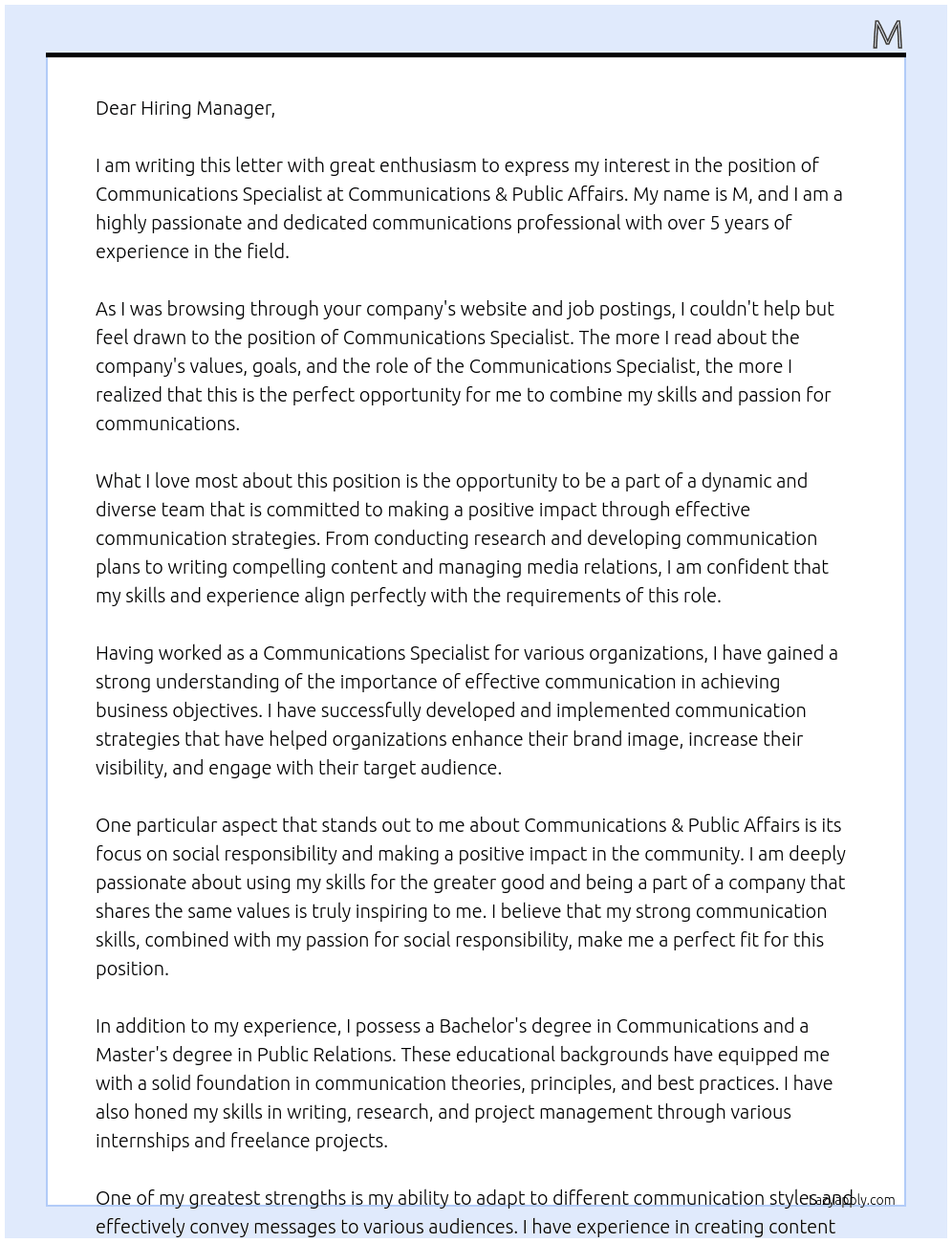 Communications Specialist At   Communications & Public Affairs Cover Letter