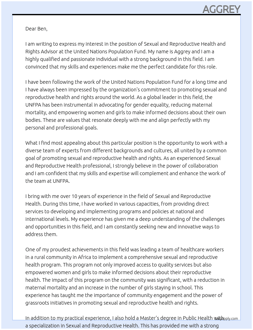 Sexual and Reproductive Health and Rights Advisor At United nations populations fund  Cover Letter