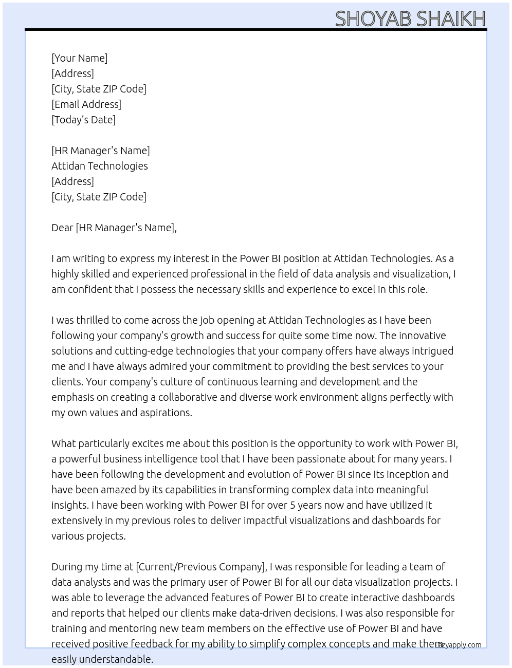 Power BI  At Attidan Technologies Cover Letter