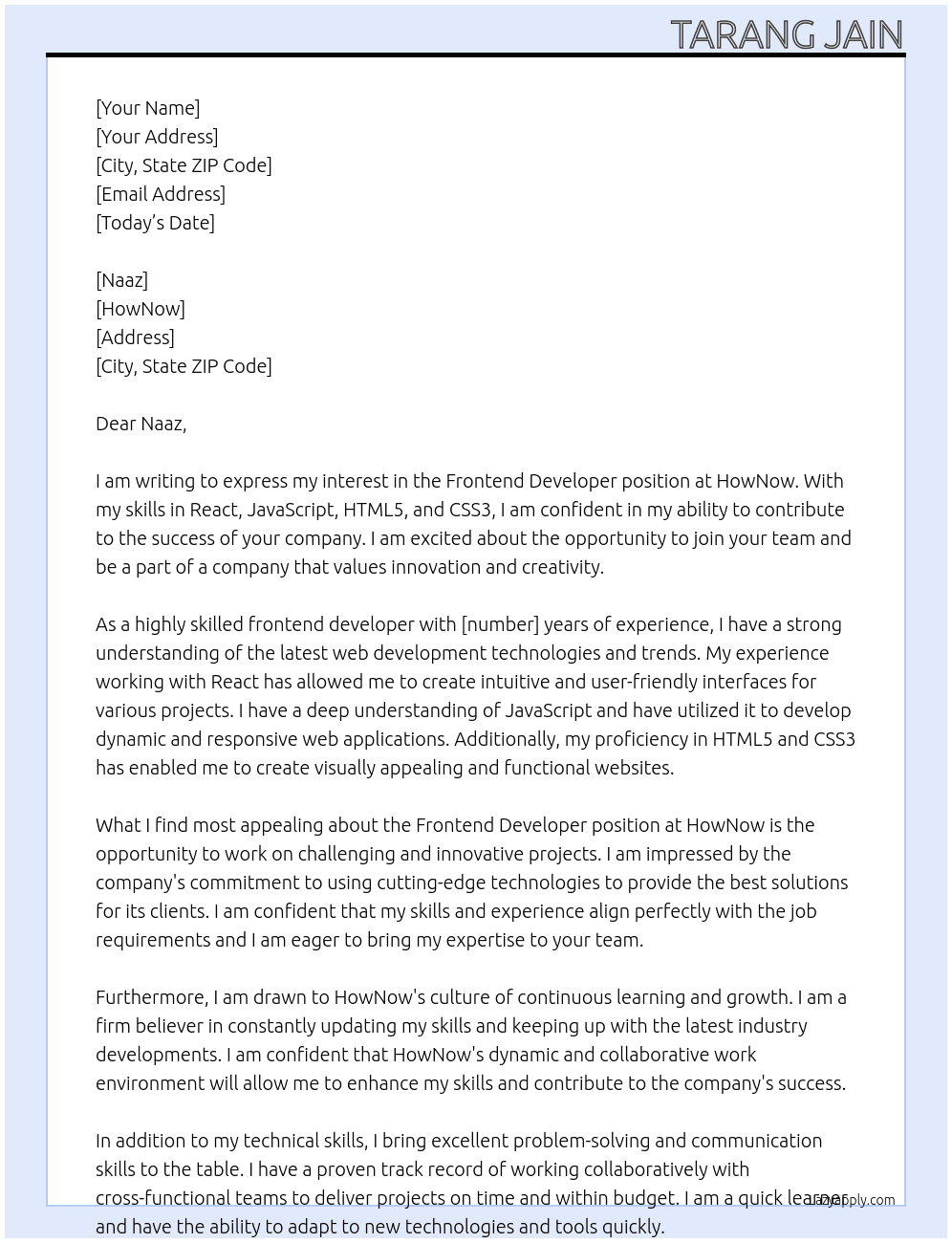 Frontend developer  At HowNow Cover Letter
