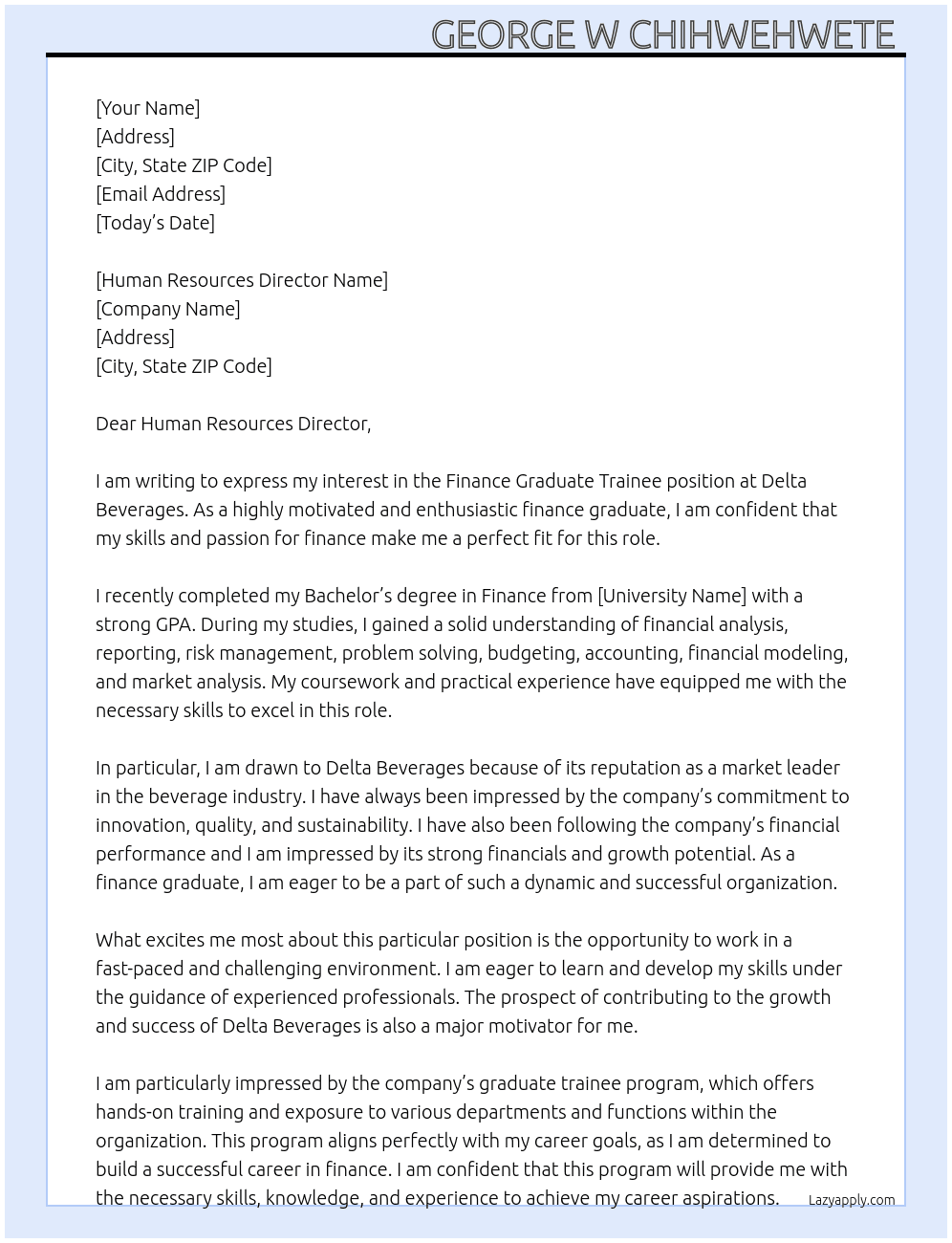 Finance Graduate Trainee  At Delta Beverages  Cover Letter
