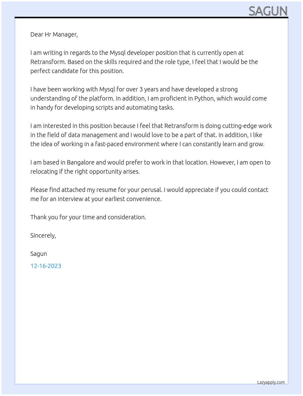 Mysql developer At Retransform Cover Letter