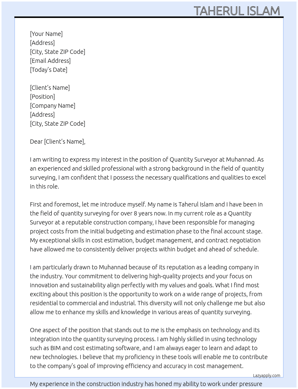 Quantity surveyor  At Muhannad Cover Letter