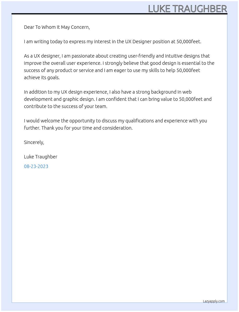 UX Designer At 50,000feet Cover Letter