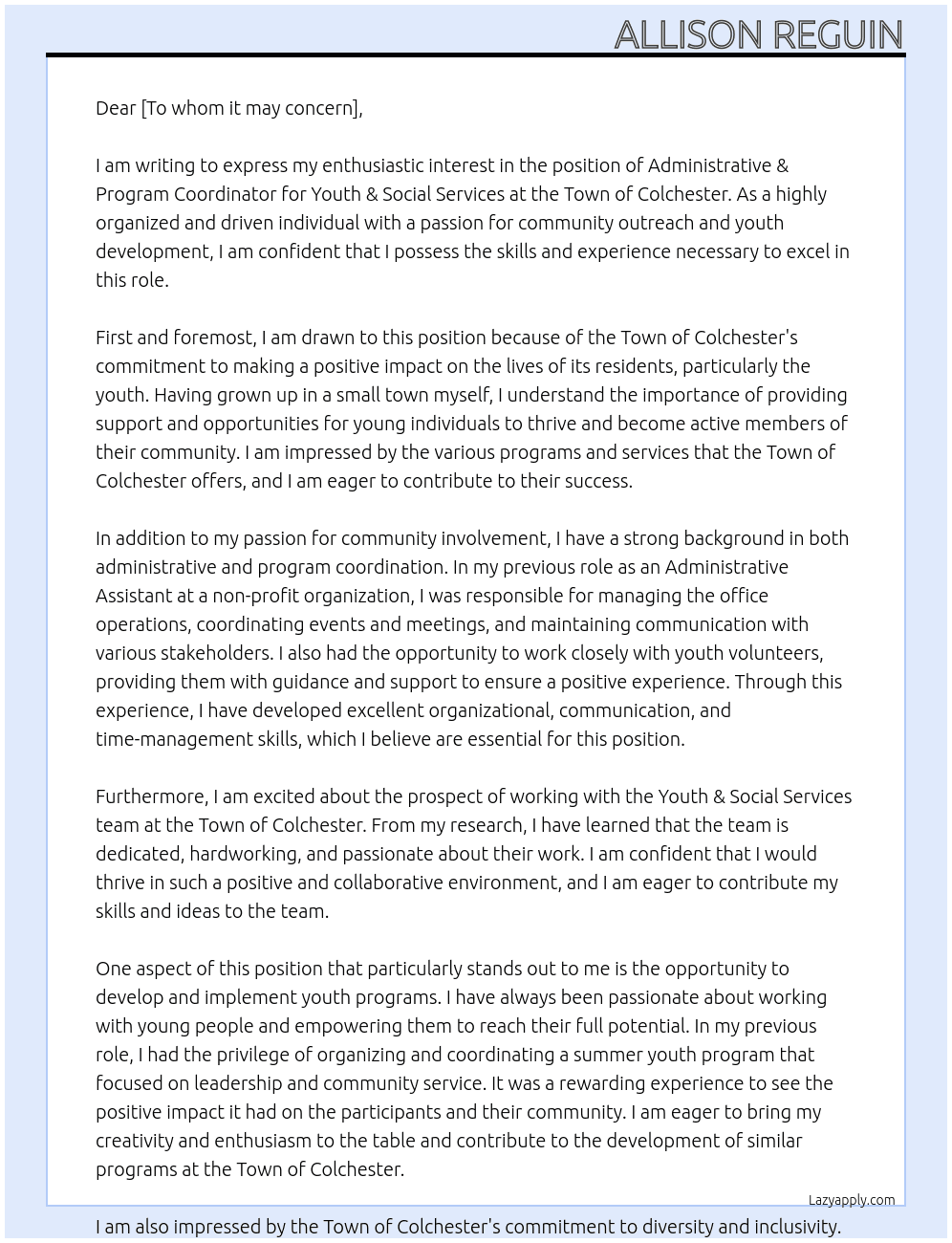 Administrative & Program Coordinator - Youth & Social Services At Town of Colchester  Cover Letter
