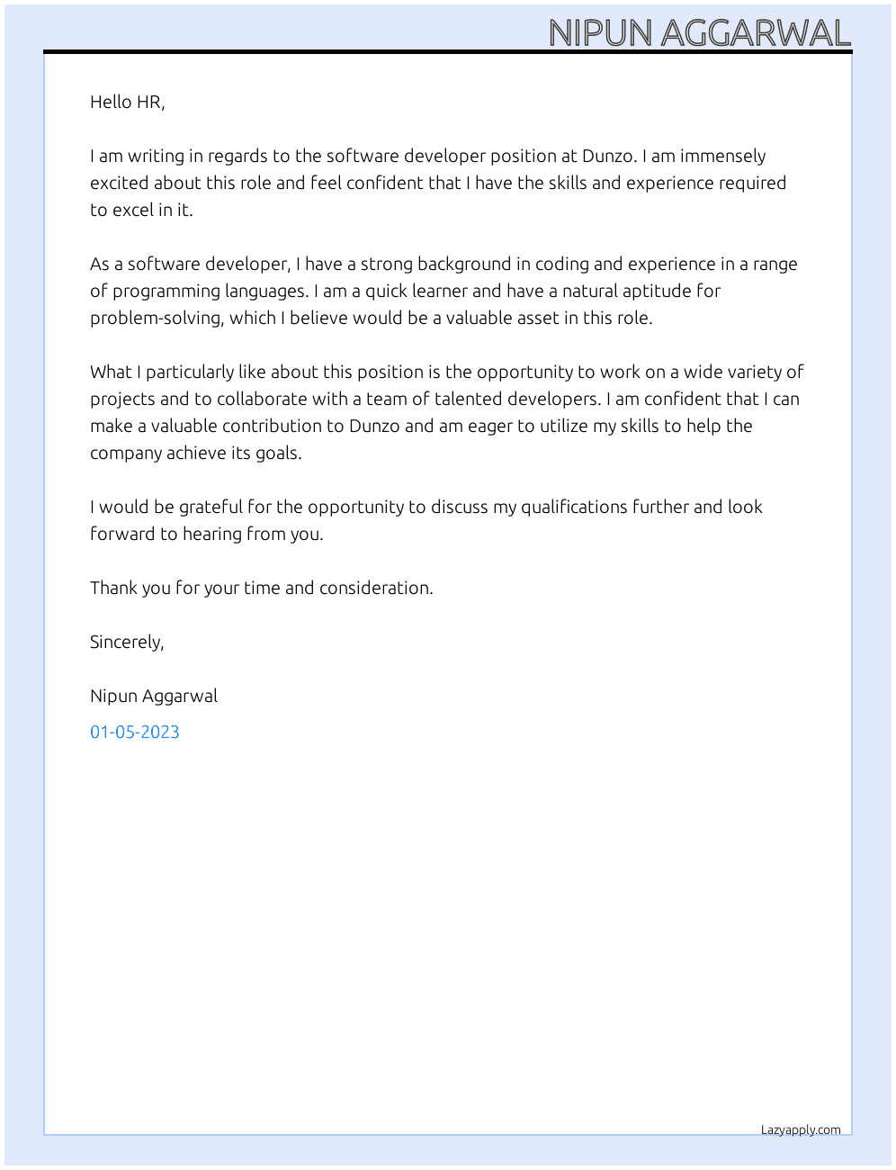 Software Developer At Dunzo Cover Letter