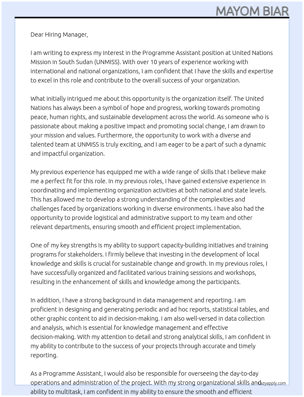 Programme Assistant At United Nations Mission in South Sudan(UNMISS) Cover Letter