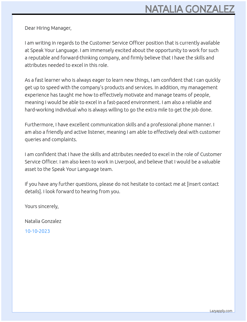 Customer service officer At Speak Your Language Cover Letter