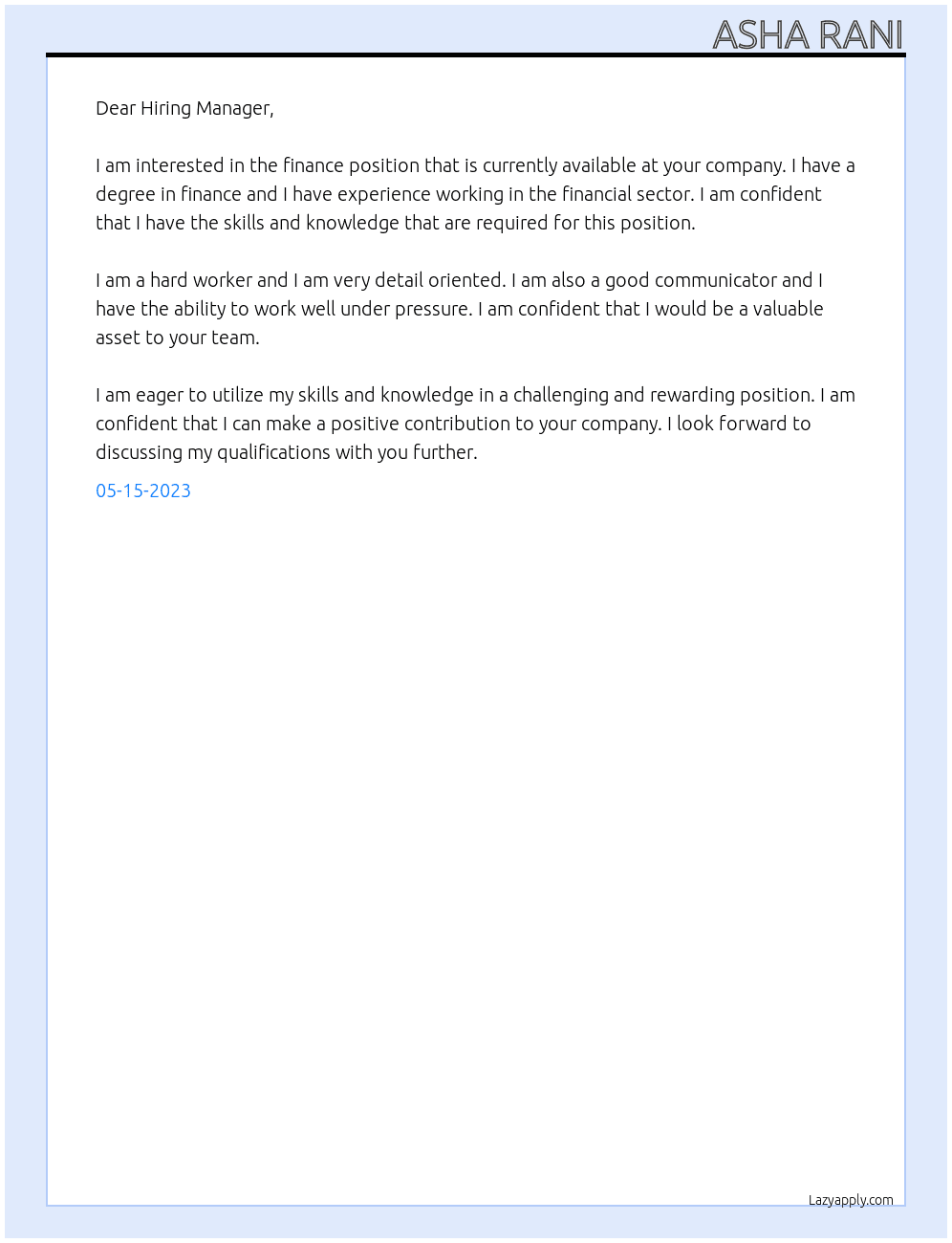 finance At n/a Cover Letter