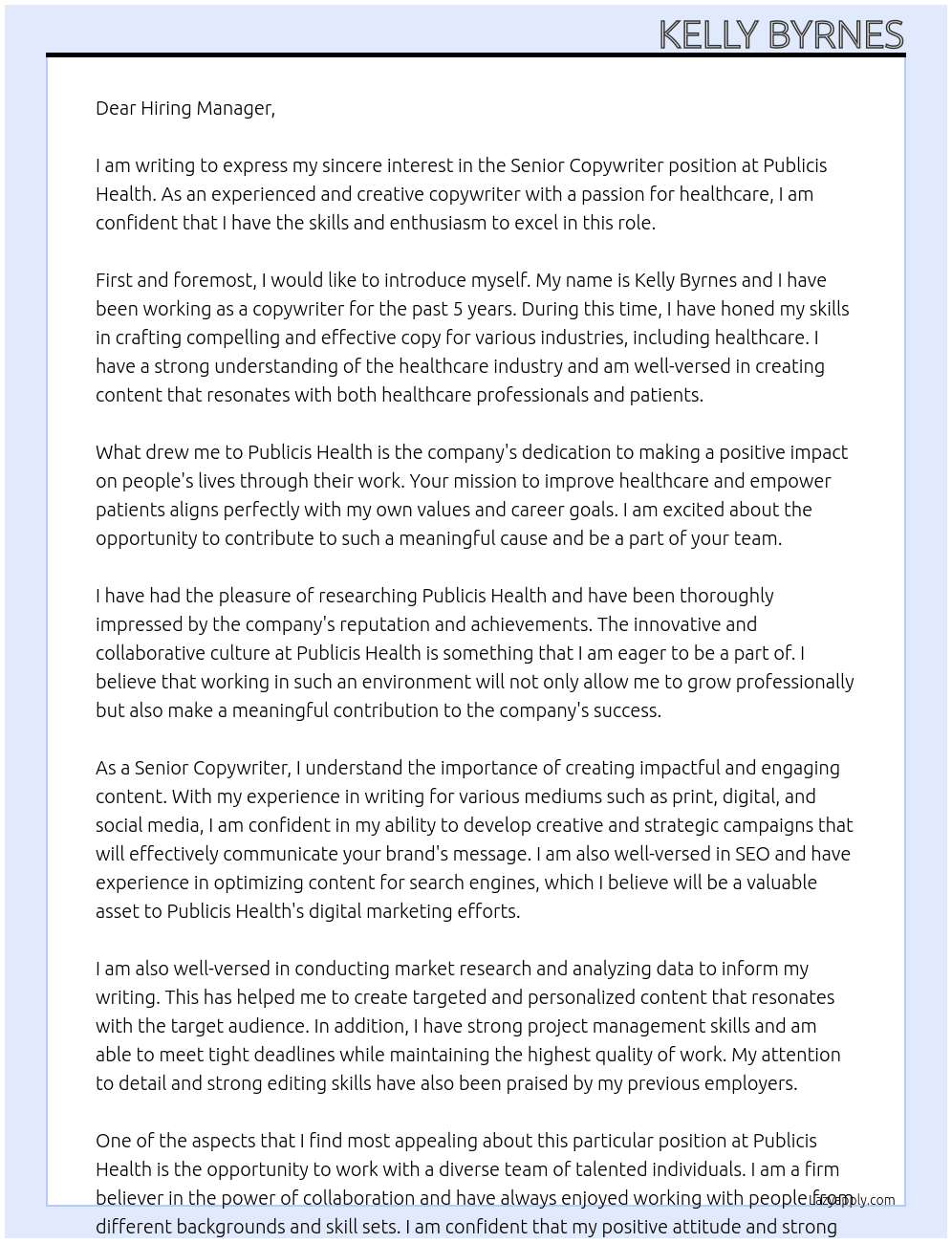 senior copywriter At Publicis Health Cover Letter