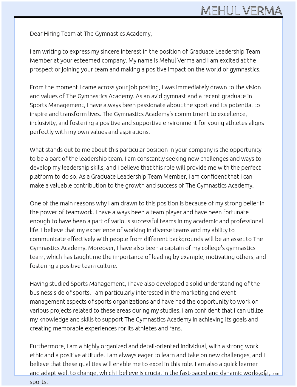 Graduate Leadership Team Member At The Gymnastics Academy Cover Letter