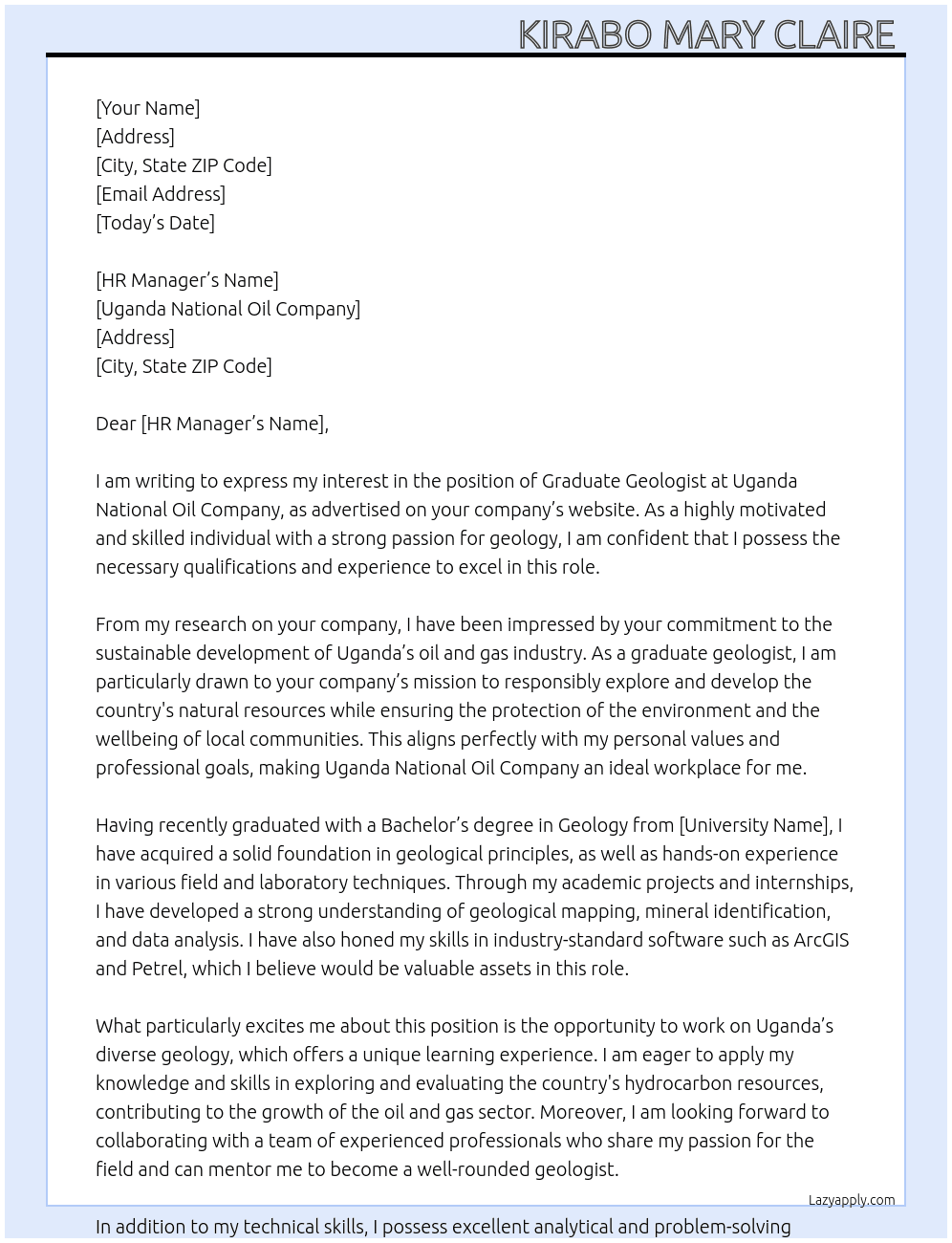 Graduate geologist  At Uganda national oil company  Cover Letter