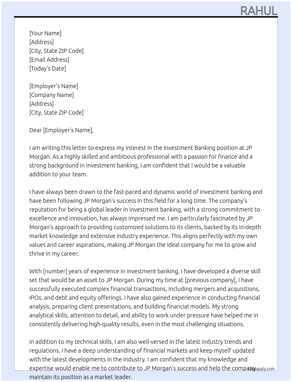 Investment Banking At JP Morgan Cover Letter