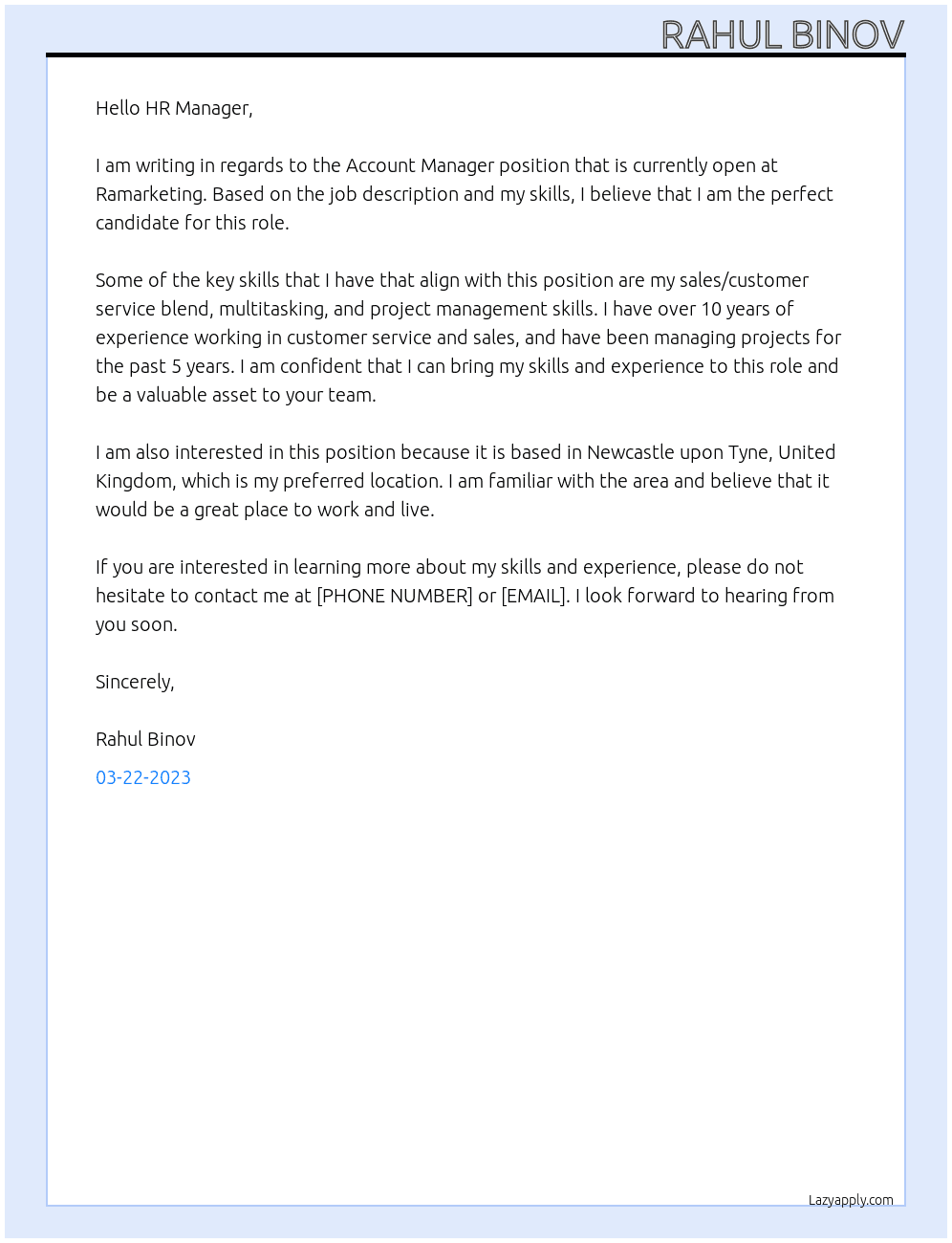 Account Manager At Ramarketing Cover Letter