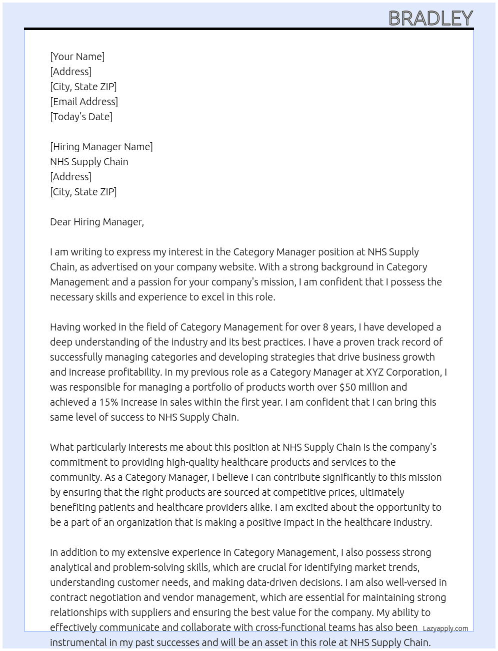 Category Manager At NHS Supply Chain Cover Letter