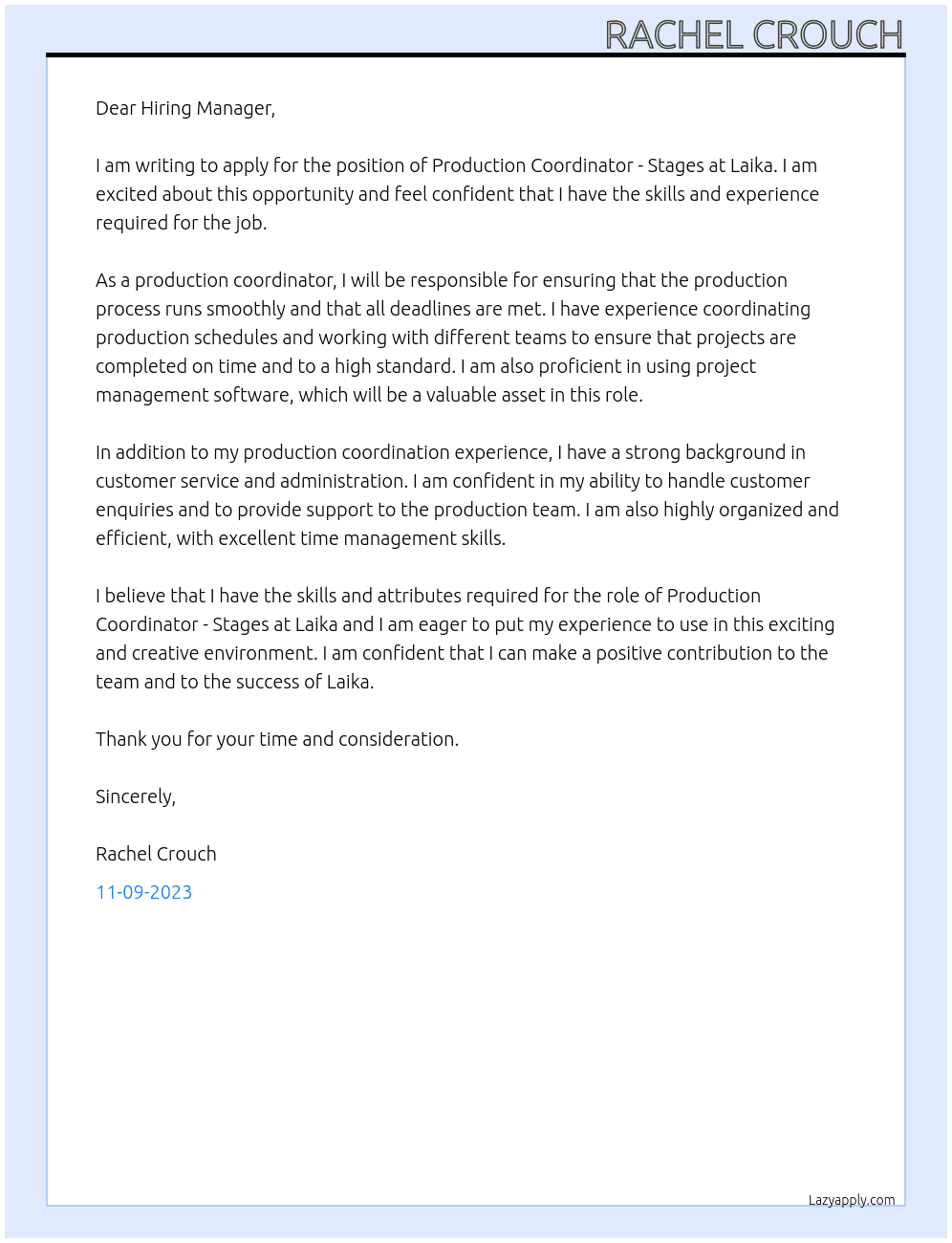 PRODUCTION COORDINATOR - STAGES At Laika Cover Letter
