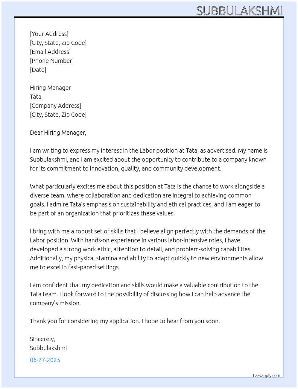 labor At tata Cover Letter