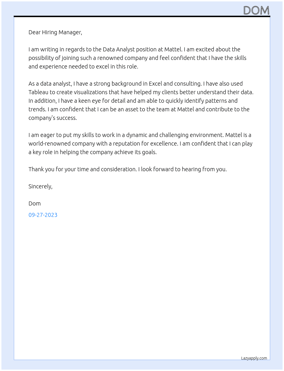 Data Analyst At Mattel Cover Letter