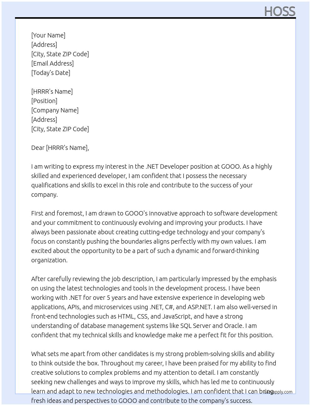 .net developer At GOOO Cover Letter