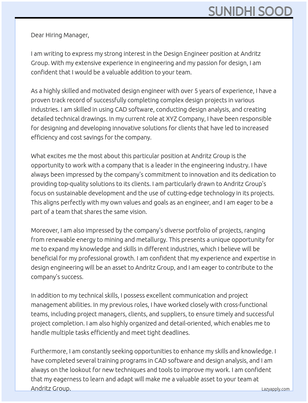 design Engineer At Andritz Group Cover Letter
