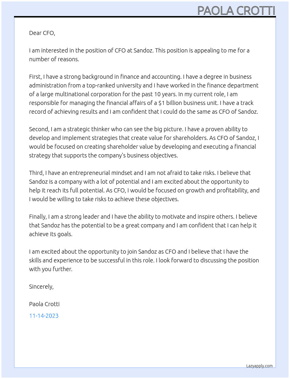 CFO At sandoz Cover Letter