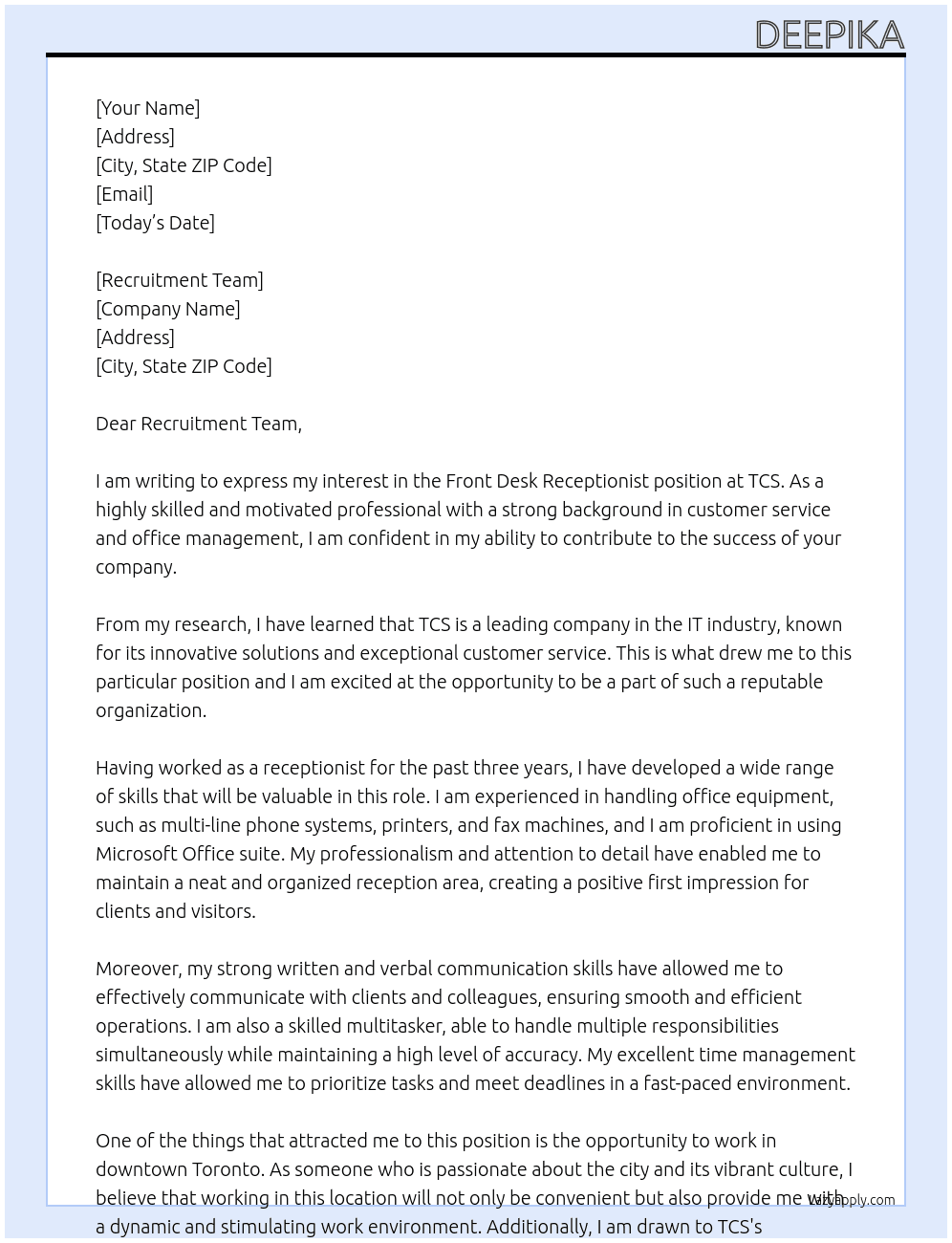 Front desk receptionist  At TCS Cover Letter
