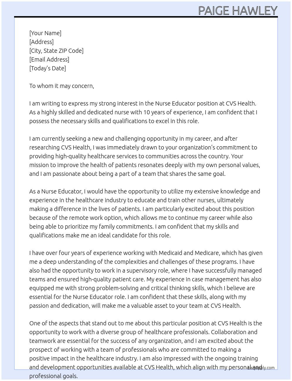 Nurse Educator At CVS Health Cover Letter