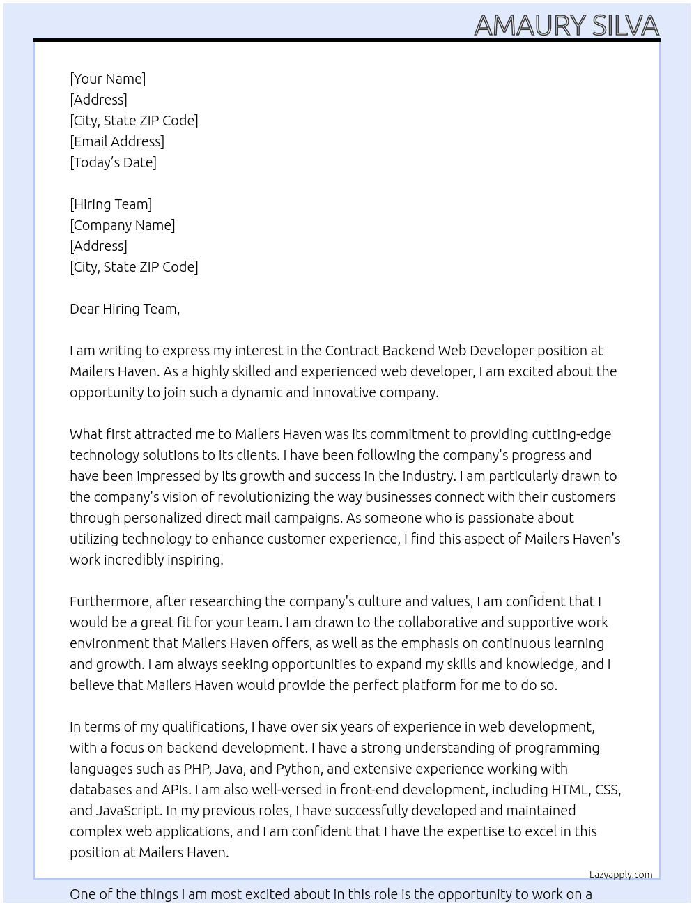 Contract Backend Web Developer At Mailers Haven Cover Letter