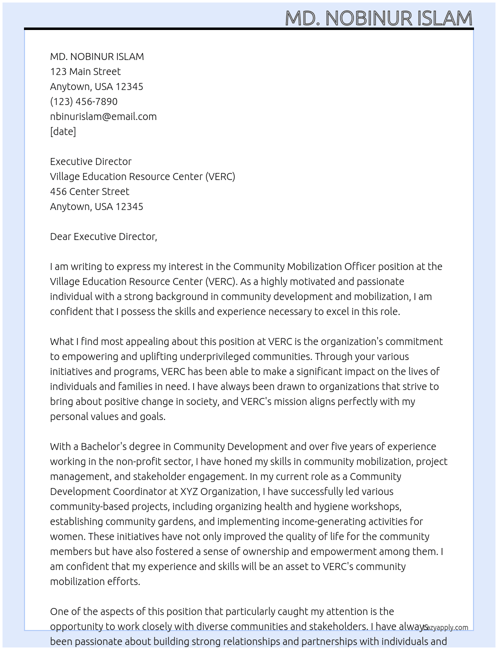 Community Mobilization Officer At Village Education Resource Center (VERC) Cover Letter