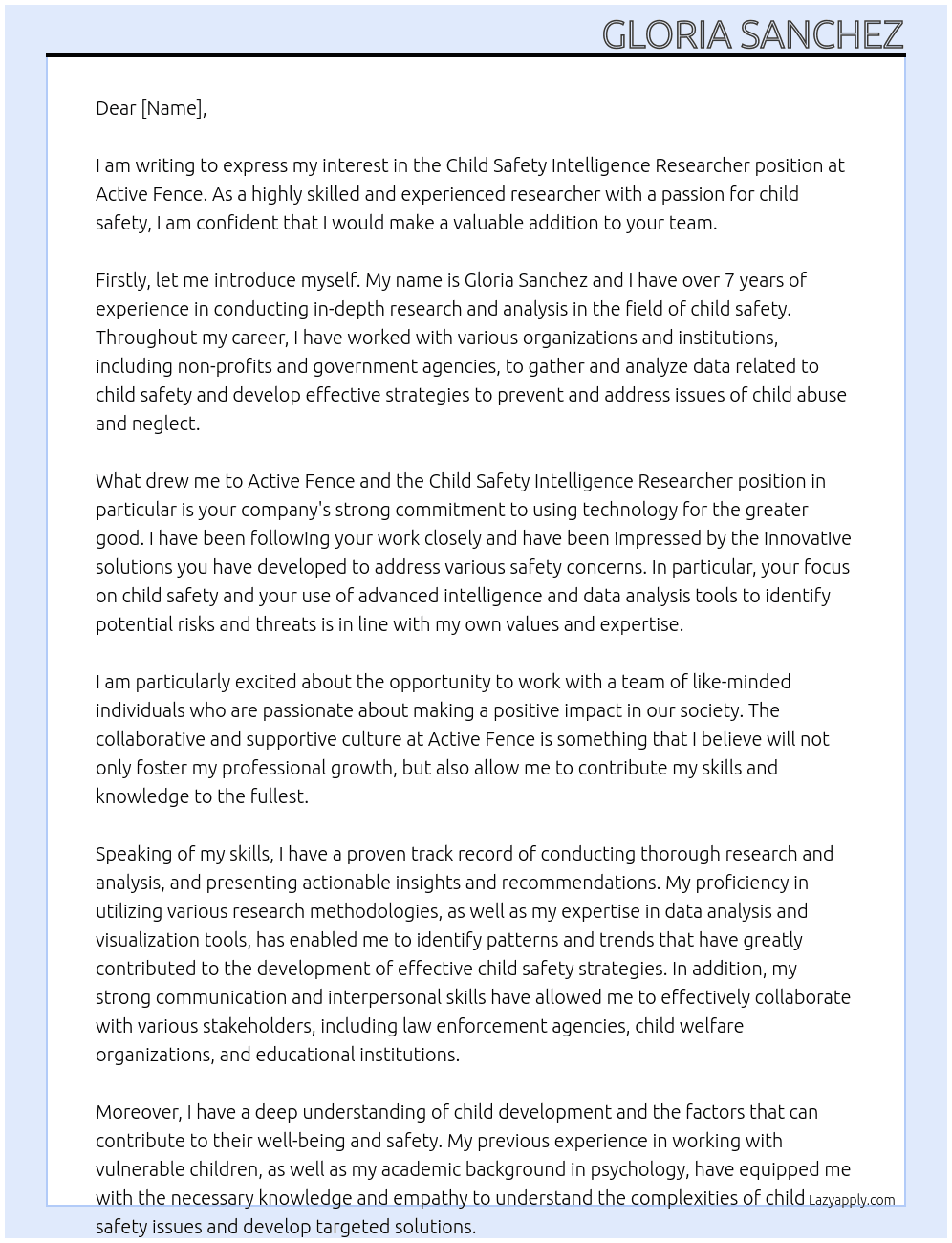 Child Safety Intelligence Researcher At Active Fence Cover Letter