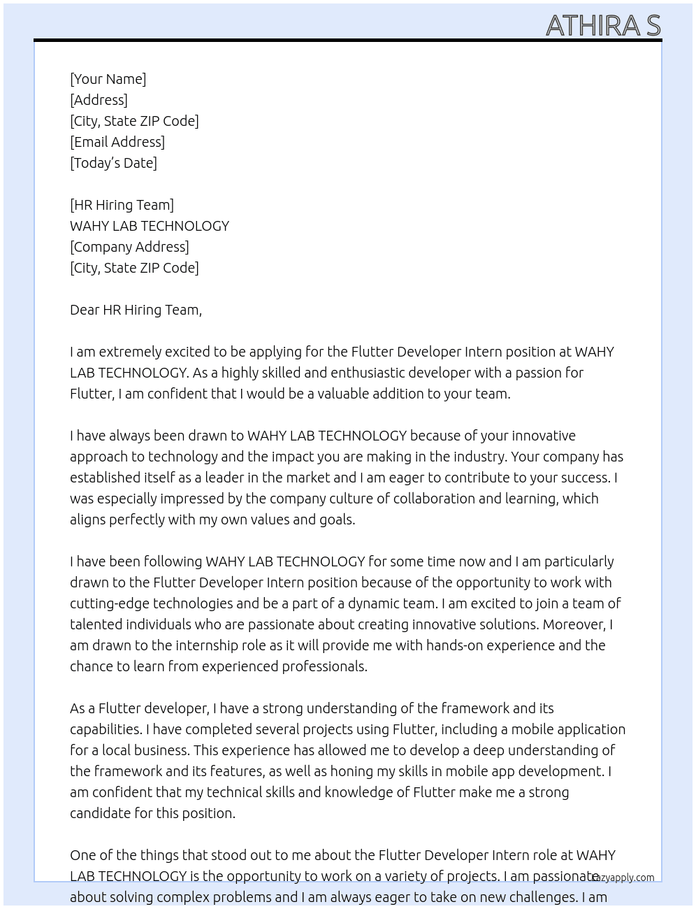 Cover letter for flutter developer intern - LazyApply