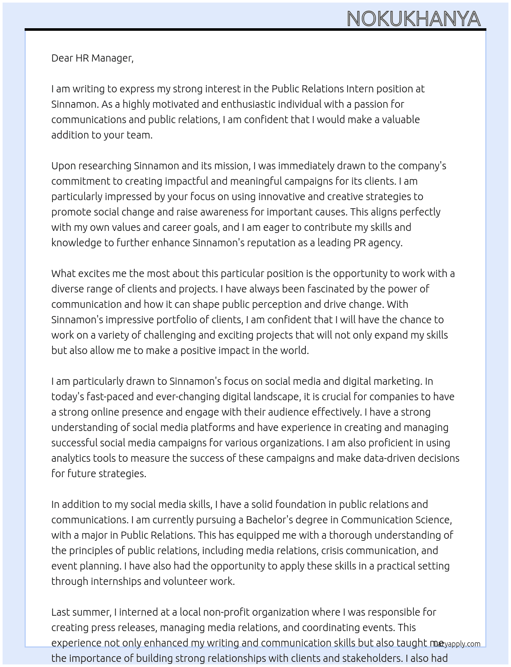Public Relations Intern At Sinnamon Cover Letter