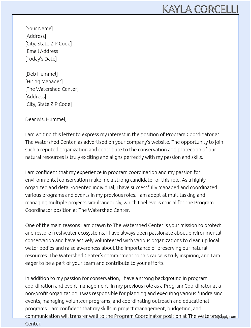 Program Coordinator At The Watershed Center Cover Letter