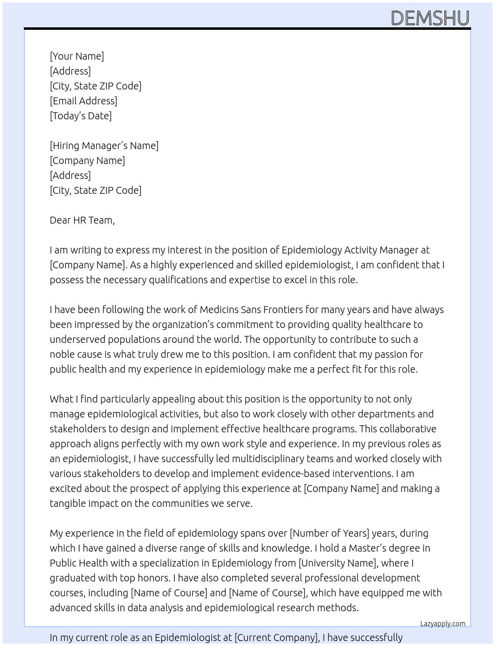 Epidemiology Activity Manager At Medicins Sans Frontiers Cover Letter