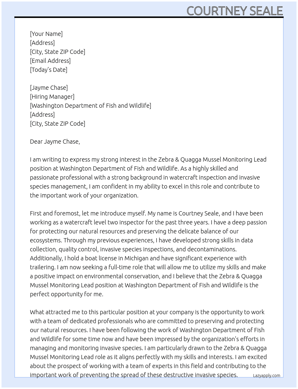 Zebra & Quagga Mussel Monitoring Lead At Washington Department of Fish and Wildlife Cover Letter