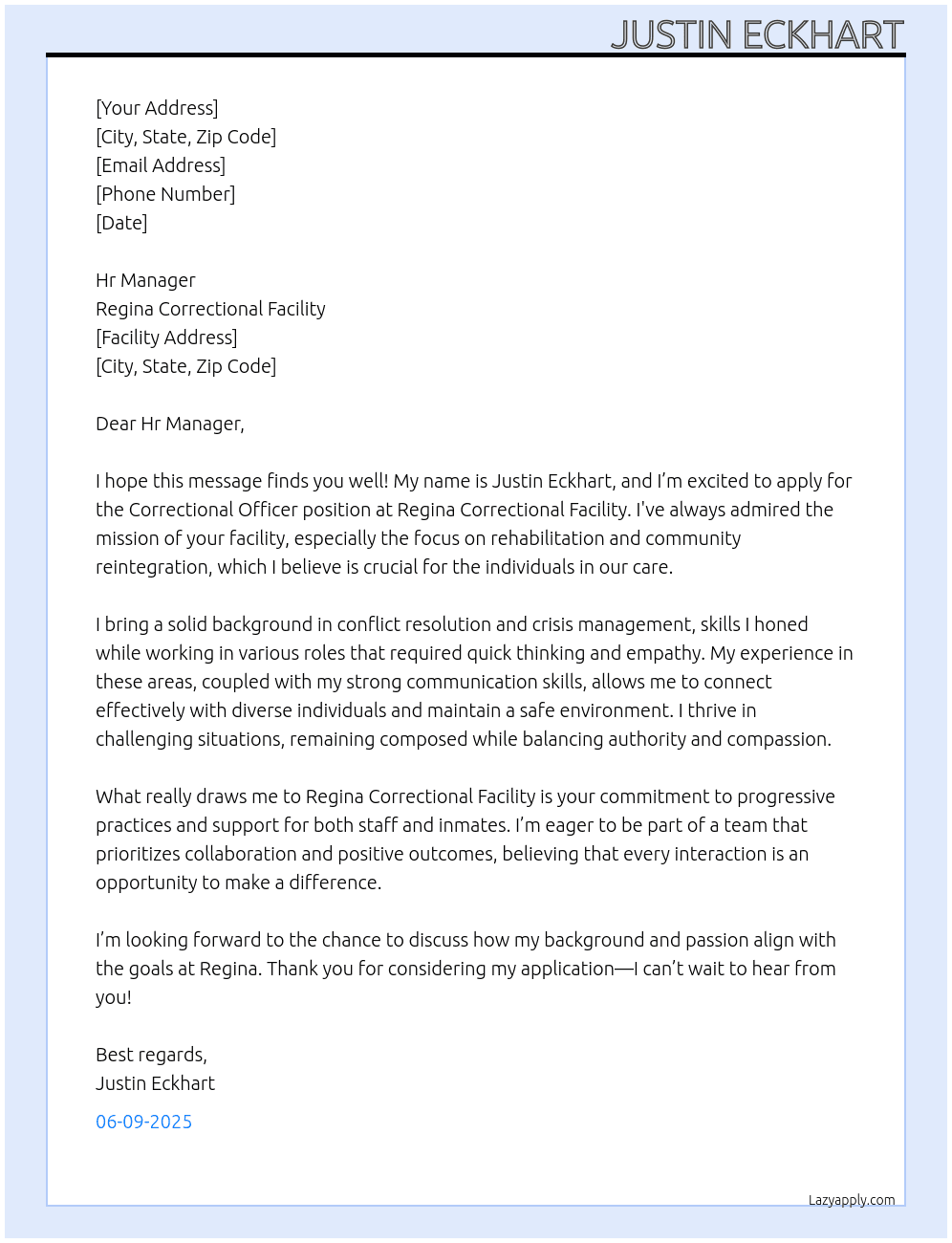 Correctional Officer At Regina Correctional Facility  Cover Letter