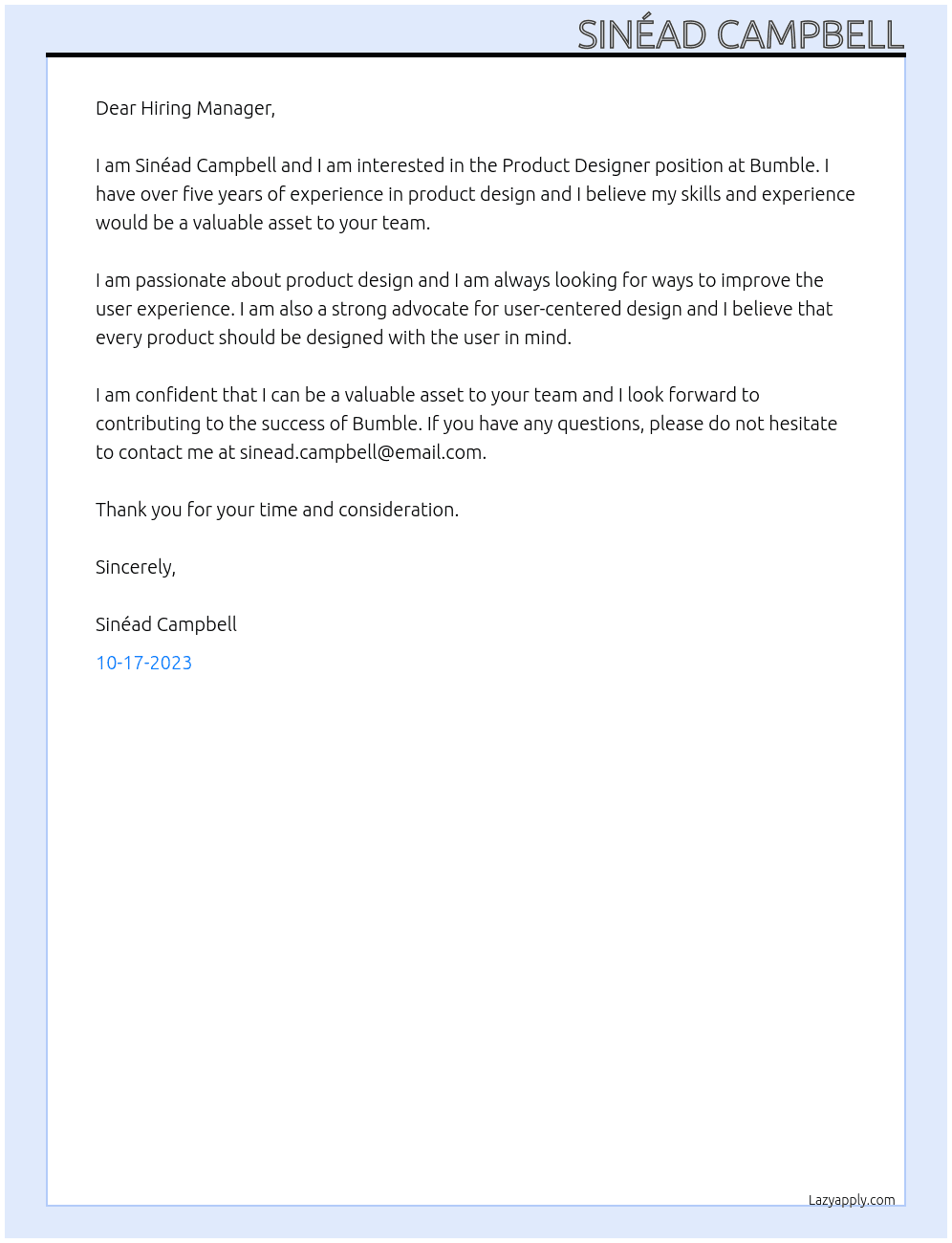 Product designer At Bumble Cover Letter