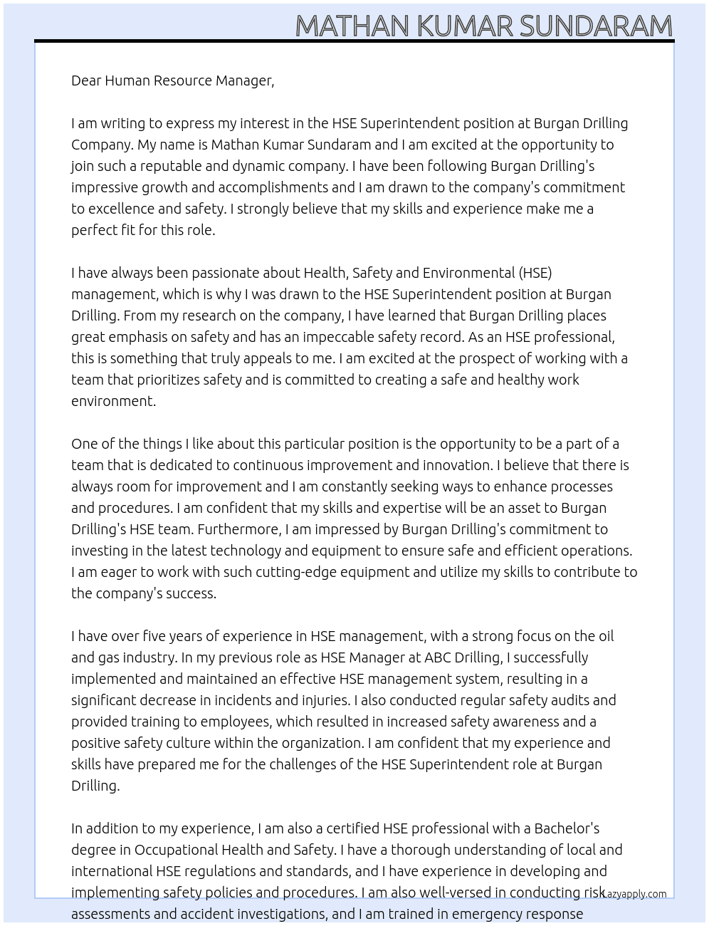 HSE Superintendent At Burgan Drilling company Cover Letter