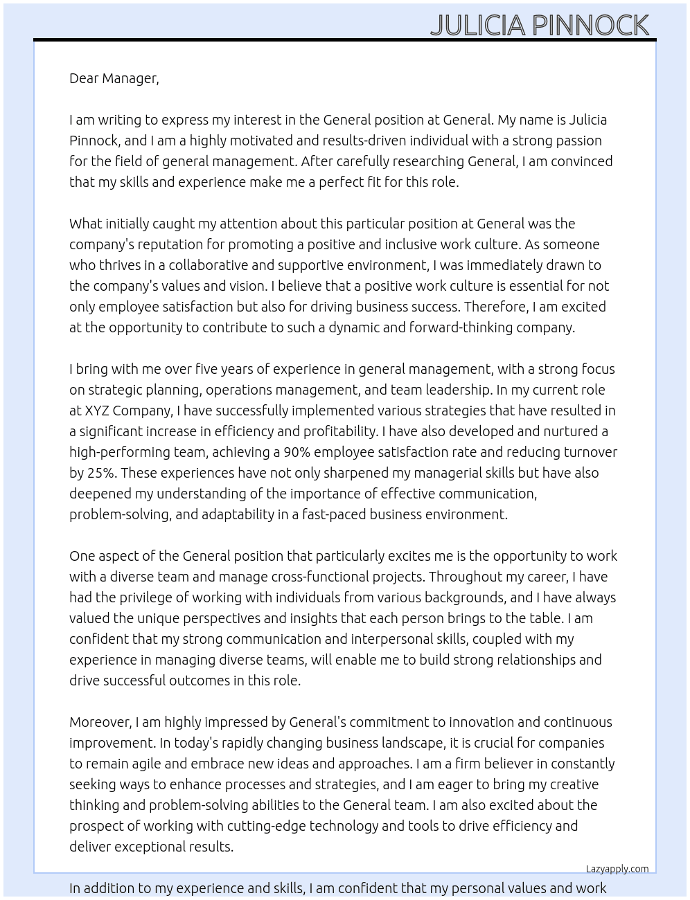 General  At General  Cover Letter