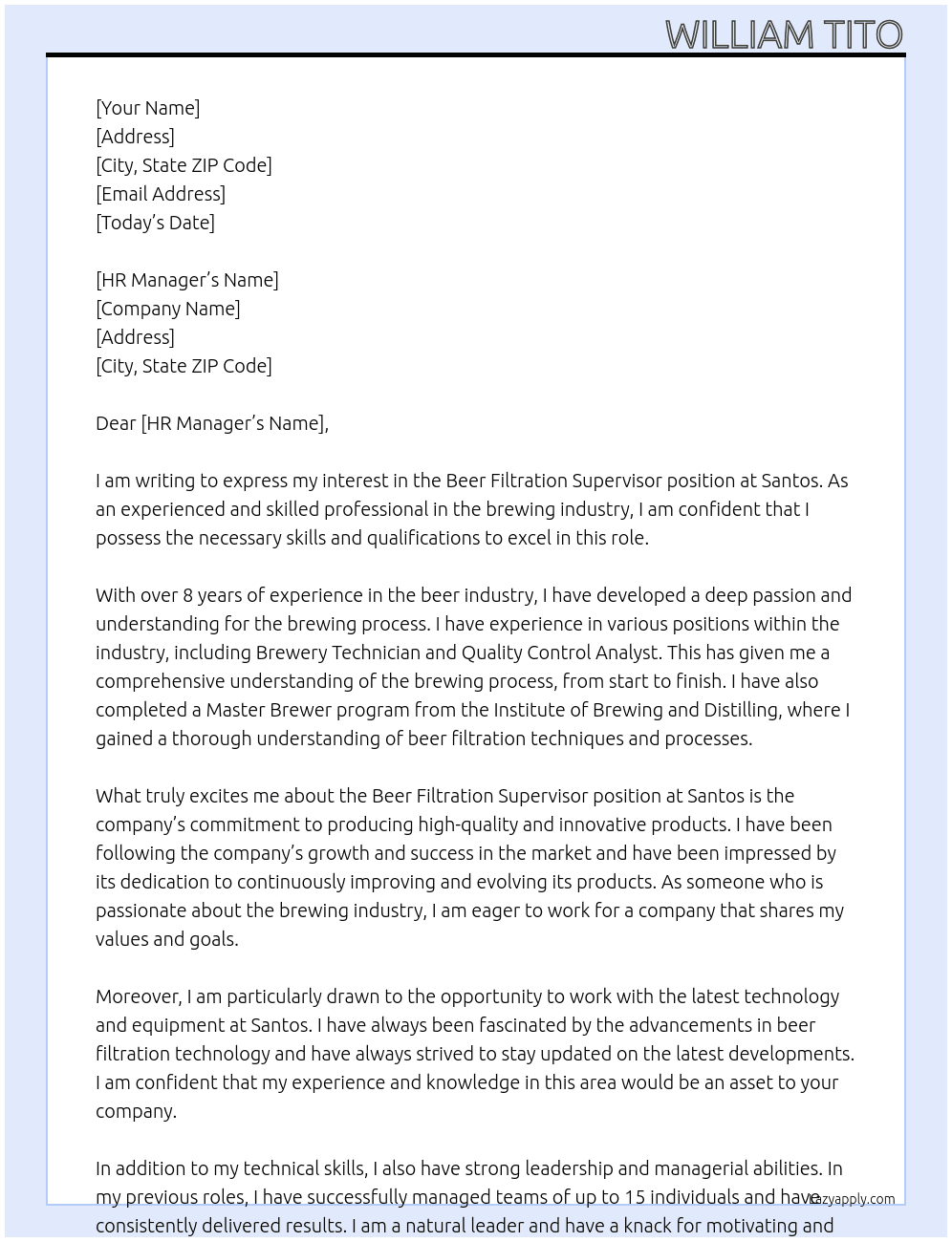Beer Filtration Supervisor At Santos Cover Letter