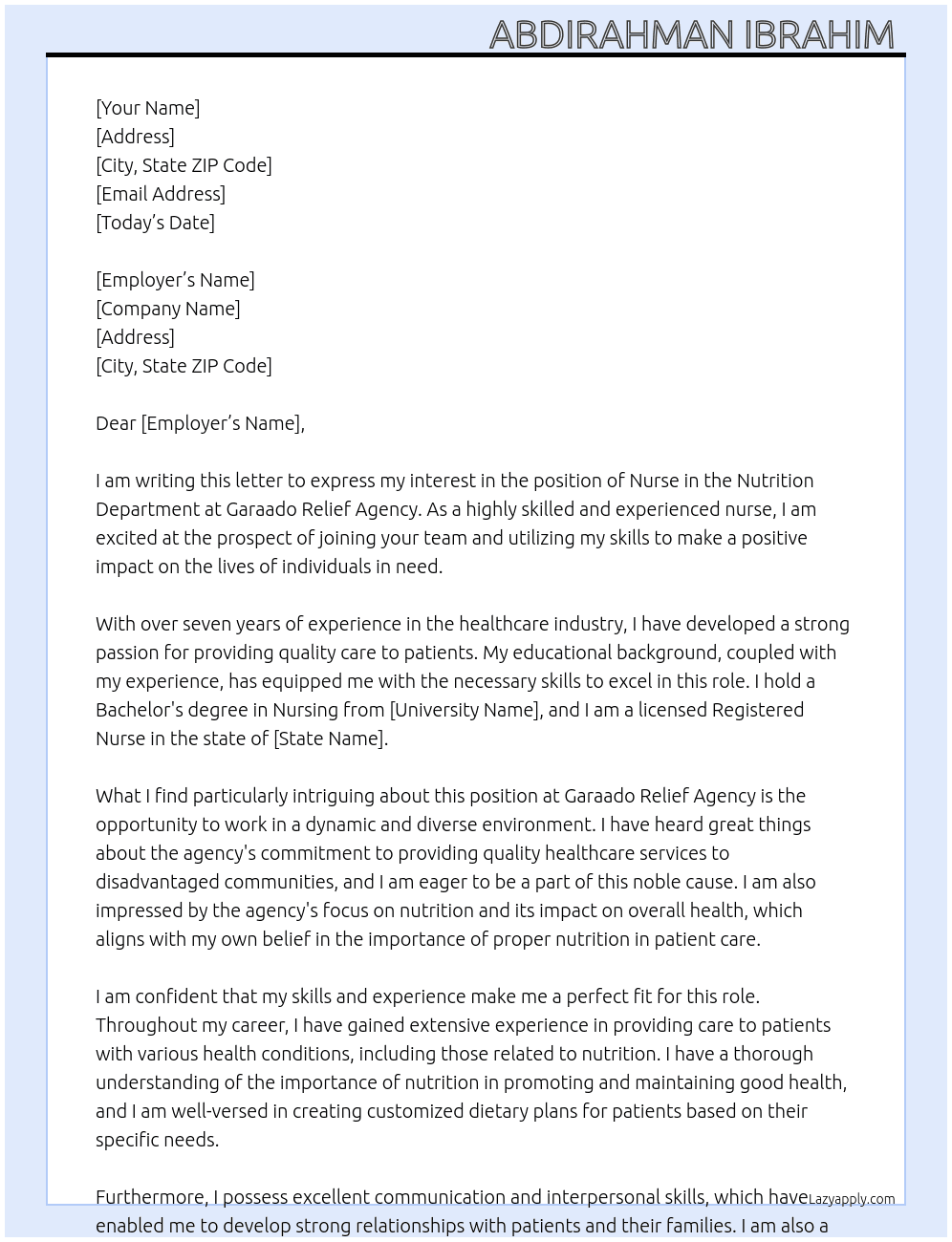 Nurse nutrition department  At Garaado relief agency  Cover Letter