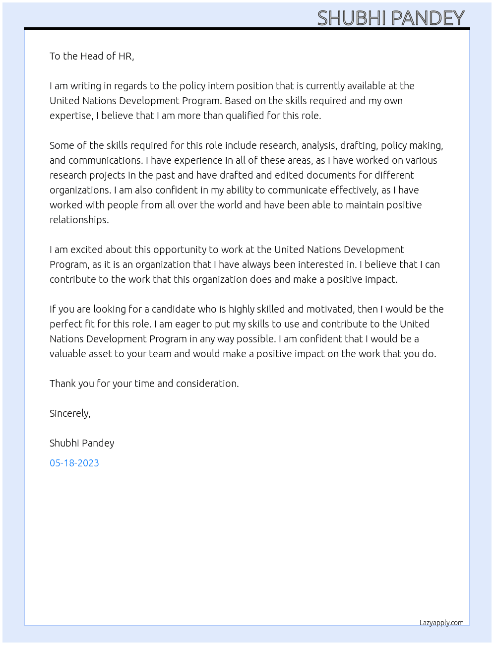 Policy intern At United nations development program  Cover Letter