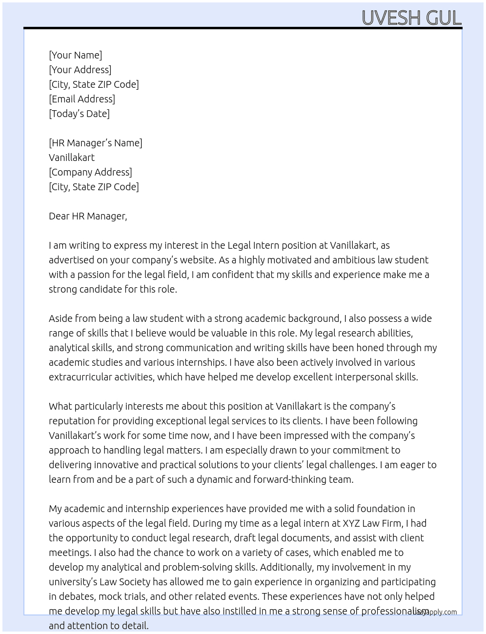 Legal Intern At Vanillakart Cover Letter