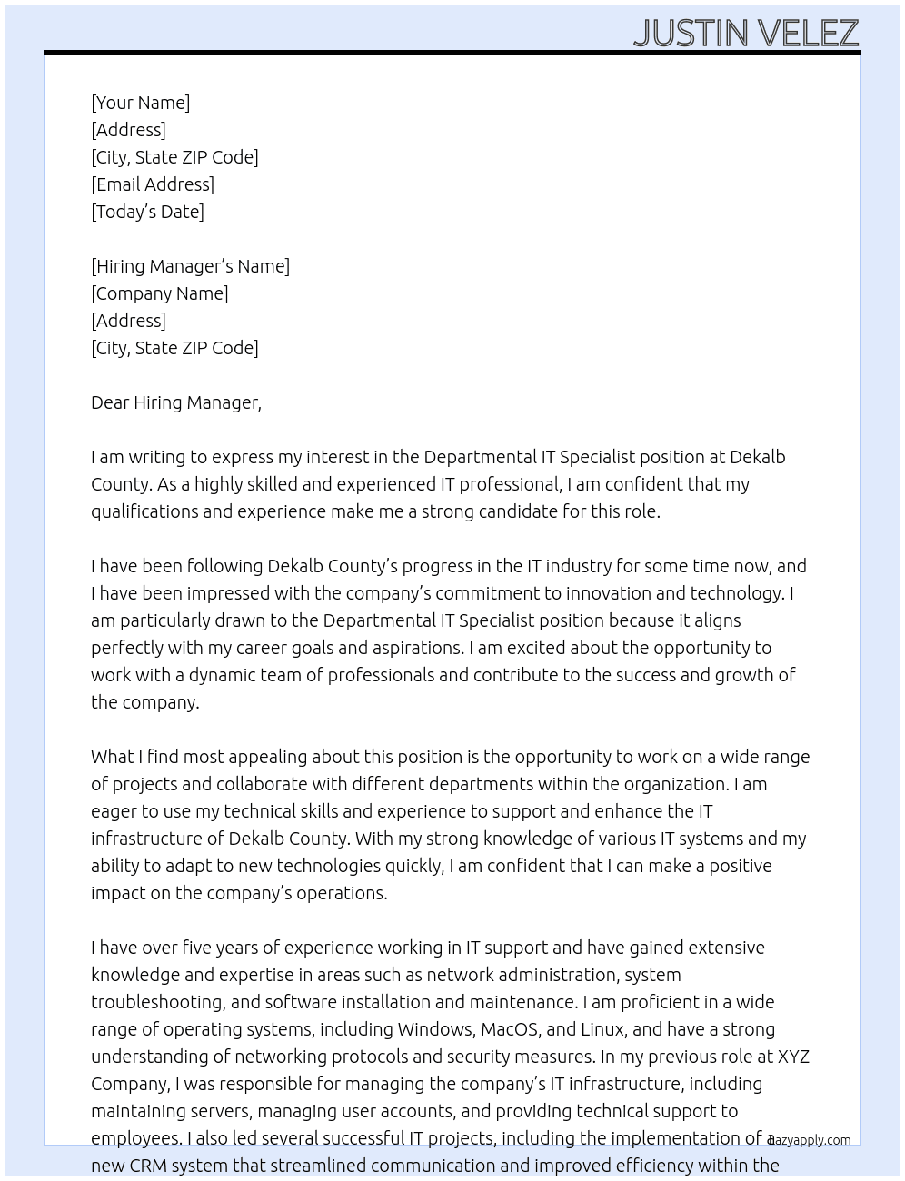 Departmental IT Specialist At Dekalb county  Cover Letter