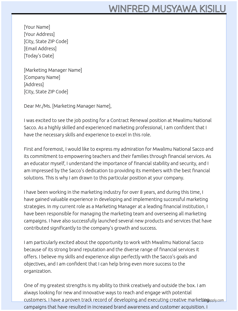 Contract renewal  At Mwalimu National Sacco  Cover Letter