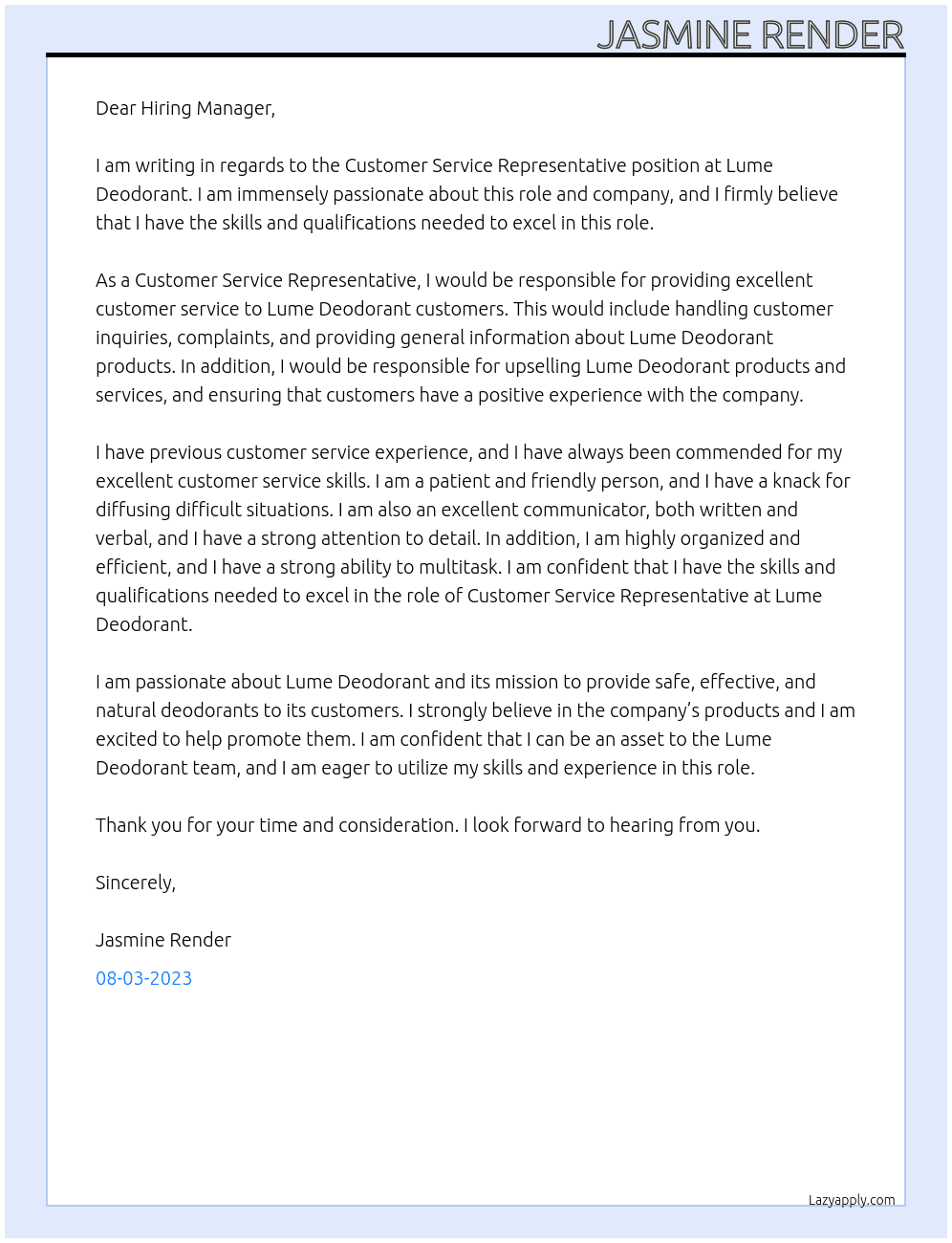 Customer Service Representative At Lume Deodorant Cover Letter